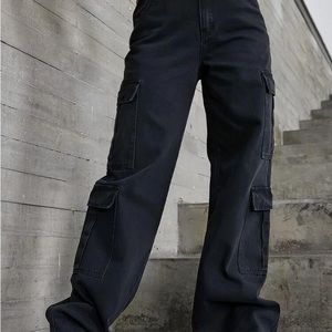 Black High Waisted Cargos Wide Leg